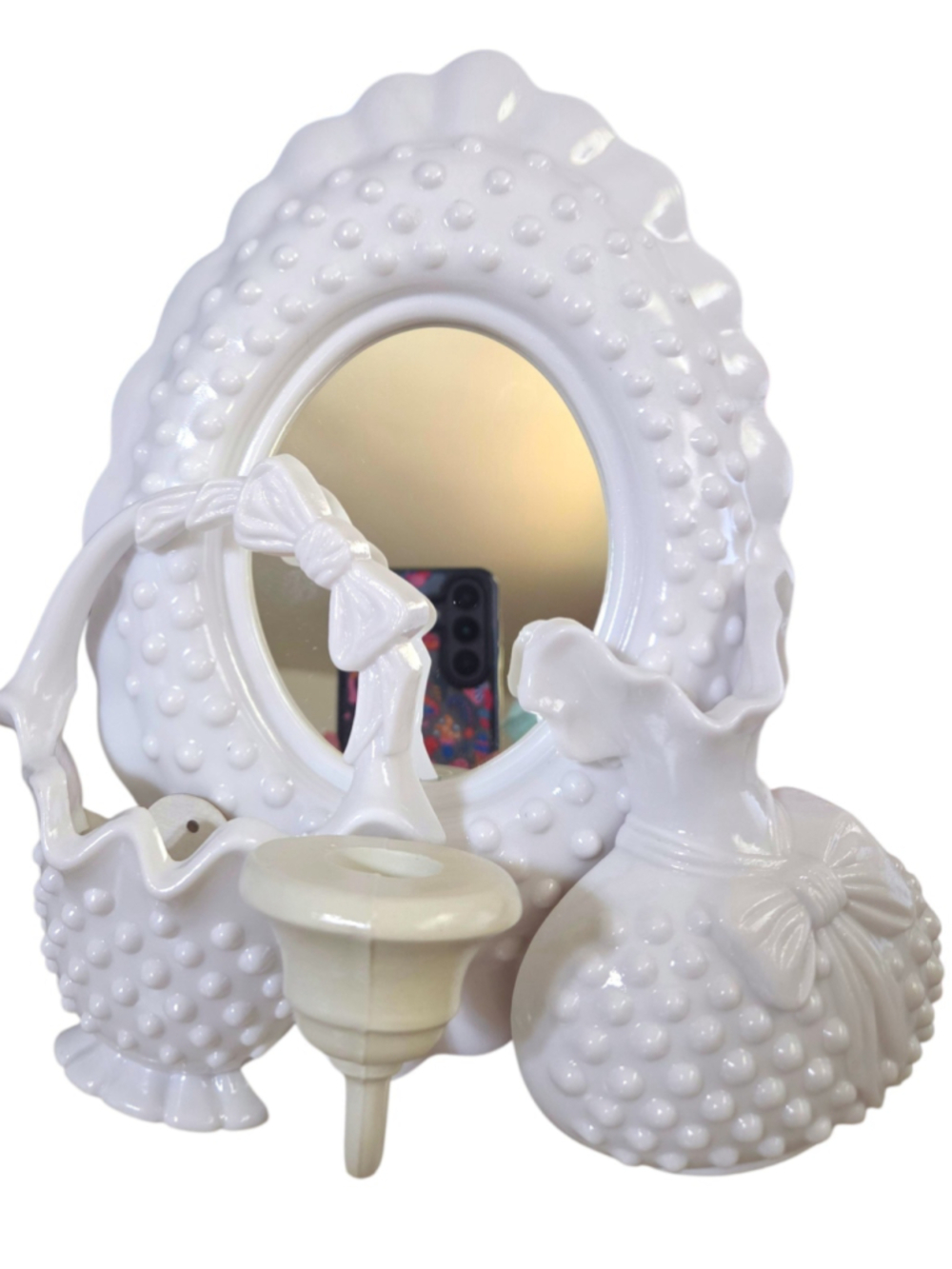 Vintage 1984 Burwood Hobnail Basket & Mirror Wall Decor Set 3 USA